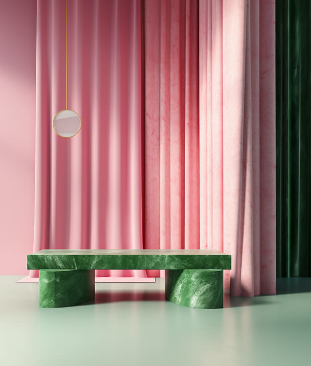 Pink curtains with green stuff
